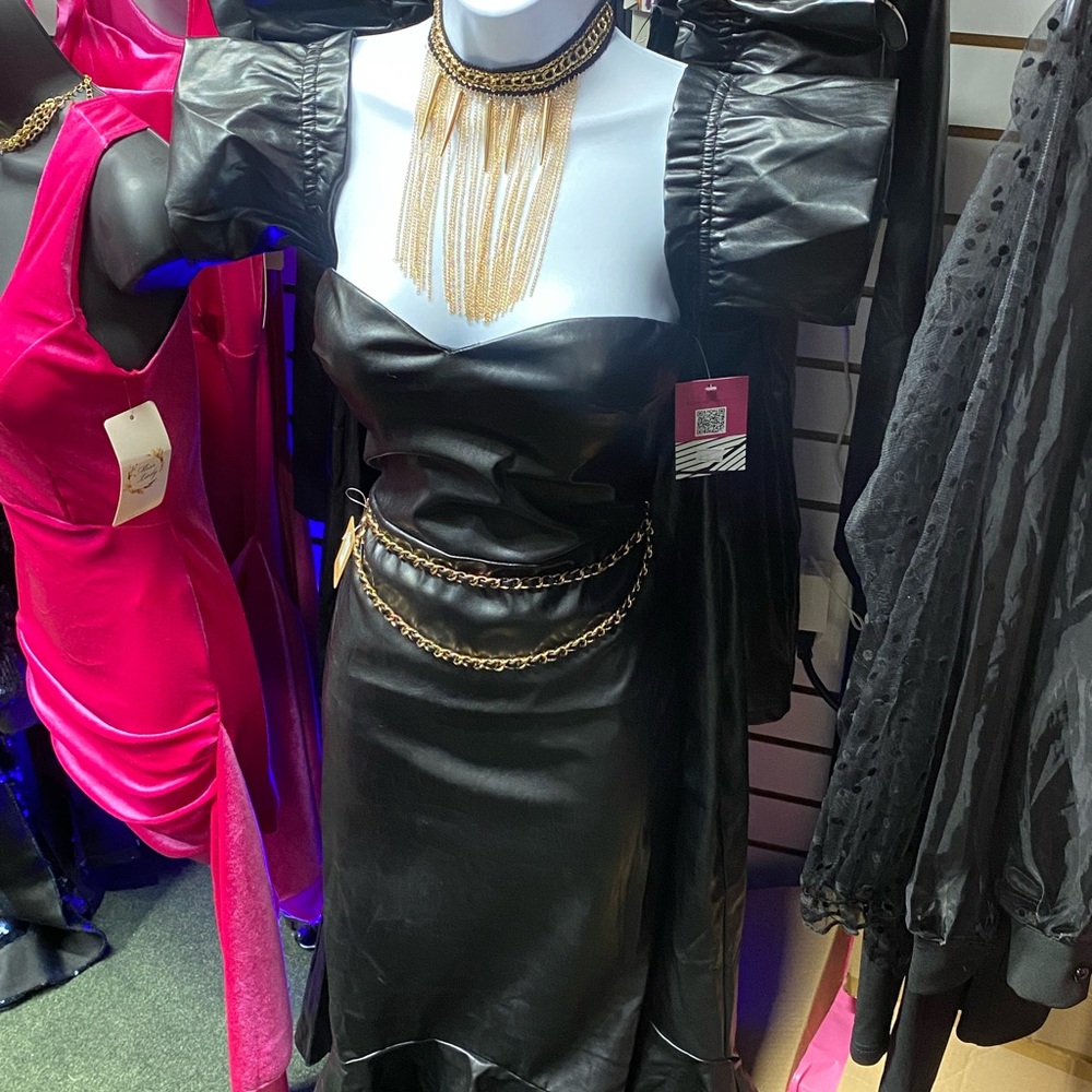 Asymmetric Vegan Leather Ruffle Dress – Off-Shoulder Elegance